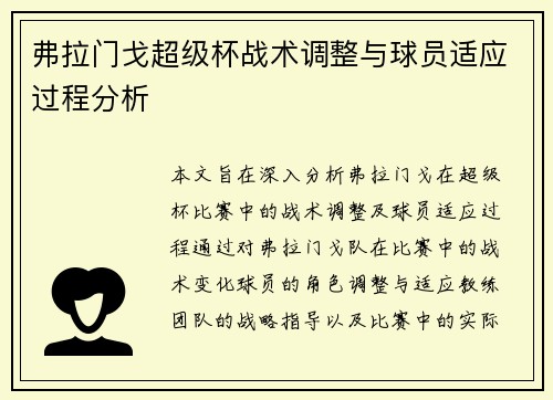 弗拉门戈超级杯战术调整与球员适应过程分析