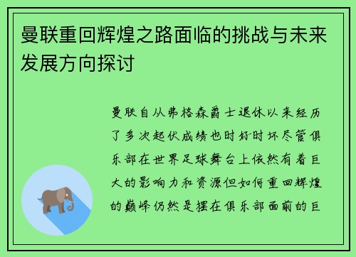 曼联重回辉煌之路面临的挑战与未来发展方向探讨
