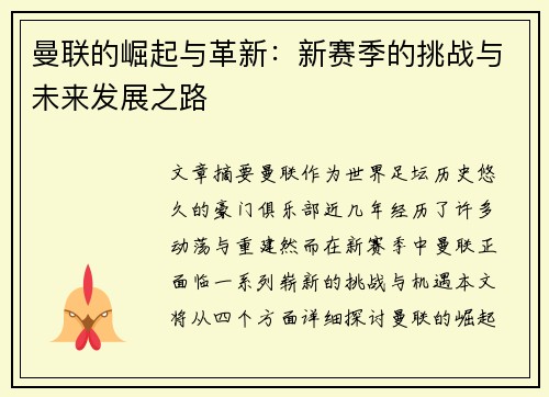 曼联的崛起与革新：新赛季的挑战与未来发展之路